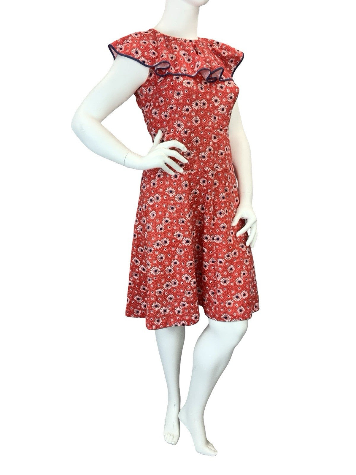 VTG 60S 70S MOD RED WHITE BLUE FLORAL RUFFLE NECK A LINE DRESS 14 16