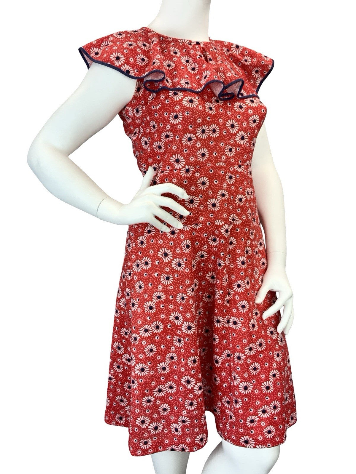 VTG 60S 70S MOD RED WHITE BLUE FLORAL RUFFLE NECK A LINE DRESS 14 16