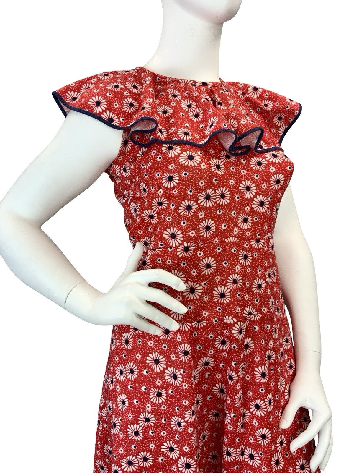 VTG 60S 70S MOD RED WHITE BLUE FLORAL RUFFLE NECK A LINE DRESS 14 16