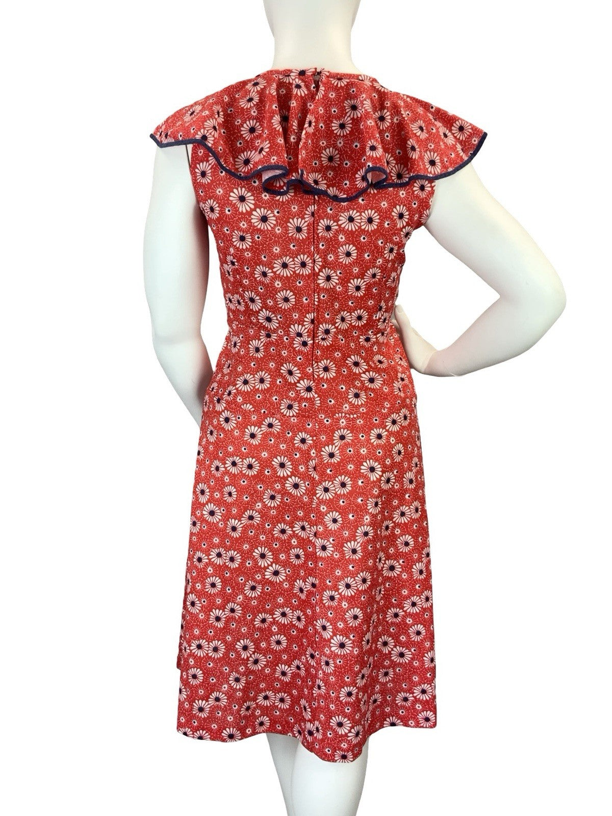 VTG 60S 70S MOD RED WHITE BLUE FLORAL RUFFLE NECK A LINE DRESS 14 16