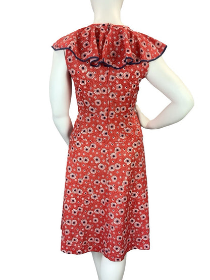 VTG 60S 70S MOD RED WHITE BLUE FLORAL RUFFLE NECK A LINE DRESS 14 16