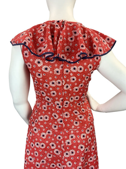 VTG 60S 70S MOD RED WHITE BLUE FLORAL RUFFLE NECK A LINE DRESS 14 16