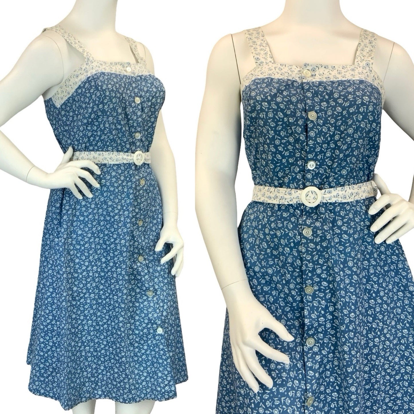 VTG 60S 70S BLUE WHITE DAINTY FLORAL COTTAGE BELTED STRAPPY SUN DRESS 14