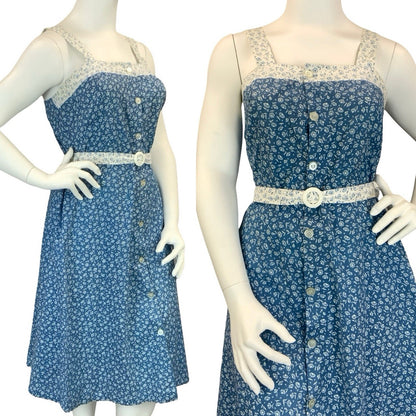 VTG 60S 70S BLUE WHITE DAINTY FLORAL COTTAGE BELTED STRAPPY SUN DRESS 14