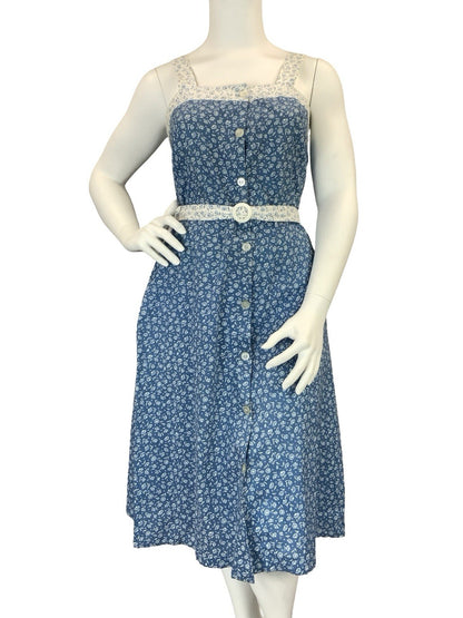 VTG 60S 70S BLUE WHITE DAINTY FLORAL COTTAGE BELTED STRAPPY SUN DRESS 14