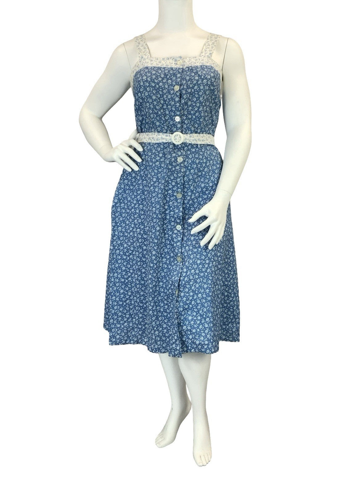 VTG 60S 70S BLUE WHITE DAINTY FLORAL COTTAGE BELTED STRAPPY SUN DRESS 14