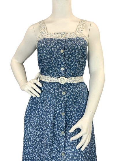 VTG 60S 70S BLUE WHITE DAINTY FLORAL COTTAGE BELTED STRAPPY SUN DRESS 14