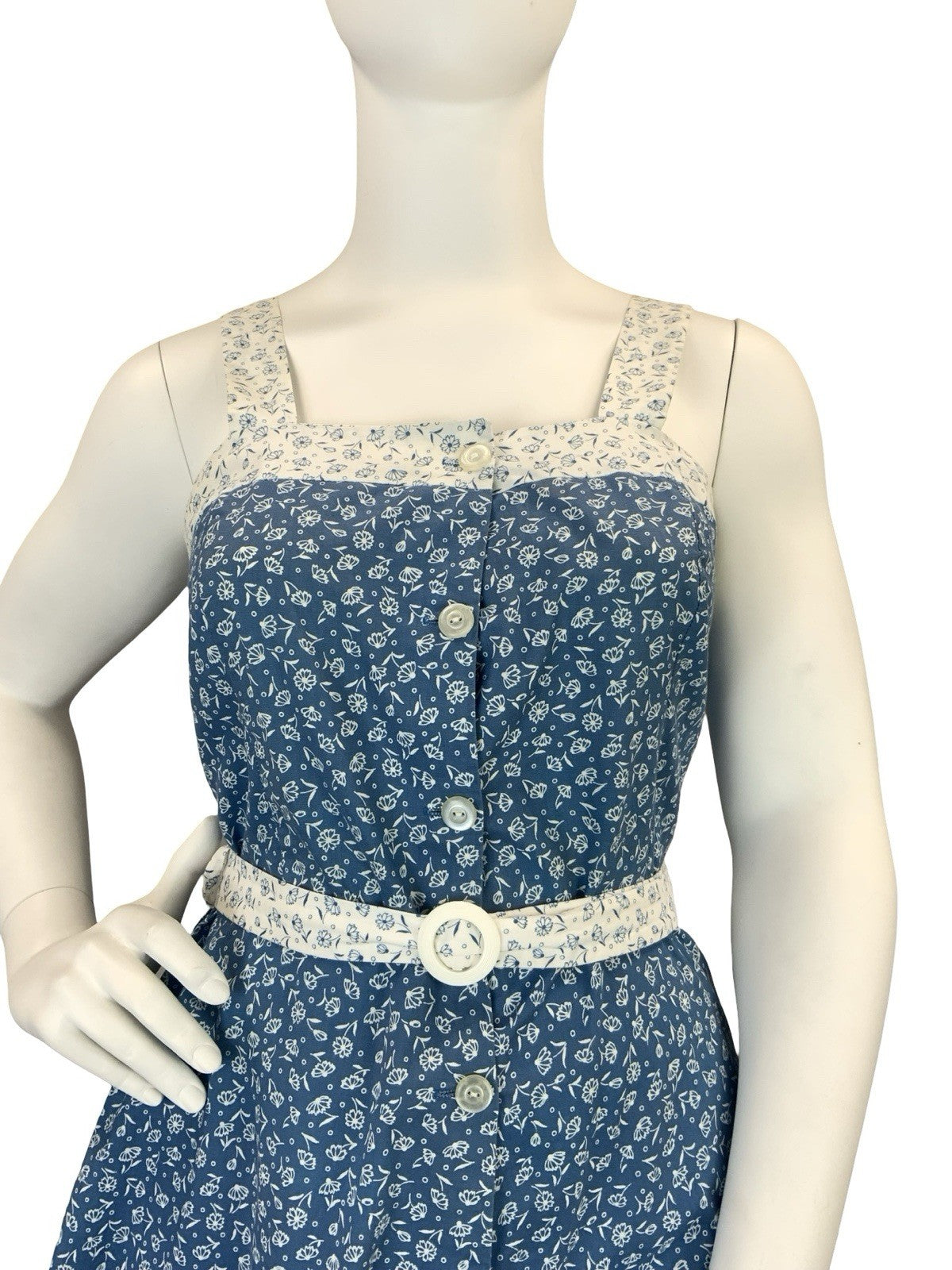VTG 60S 70S BLUE WHITE DAINTY FLORAL COTTAGE BELTED STRAPPY SUN DRESS 14