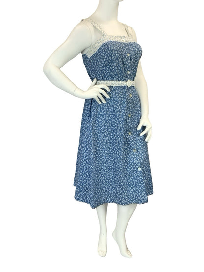 VTG 60S 70S BLUE WHITE DAINTY FLORAL COTTAGE BELTED STRAPPY SUN DRESS 14