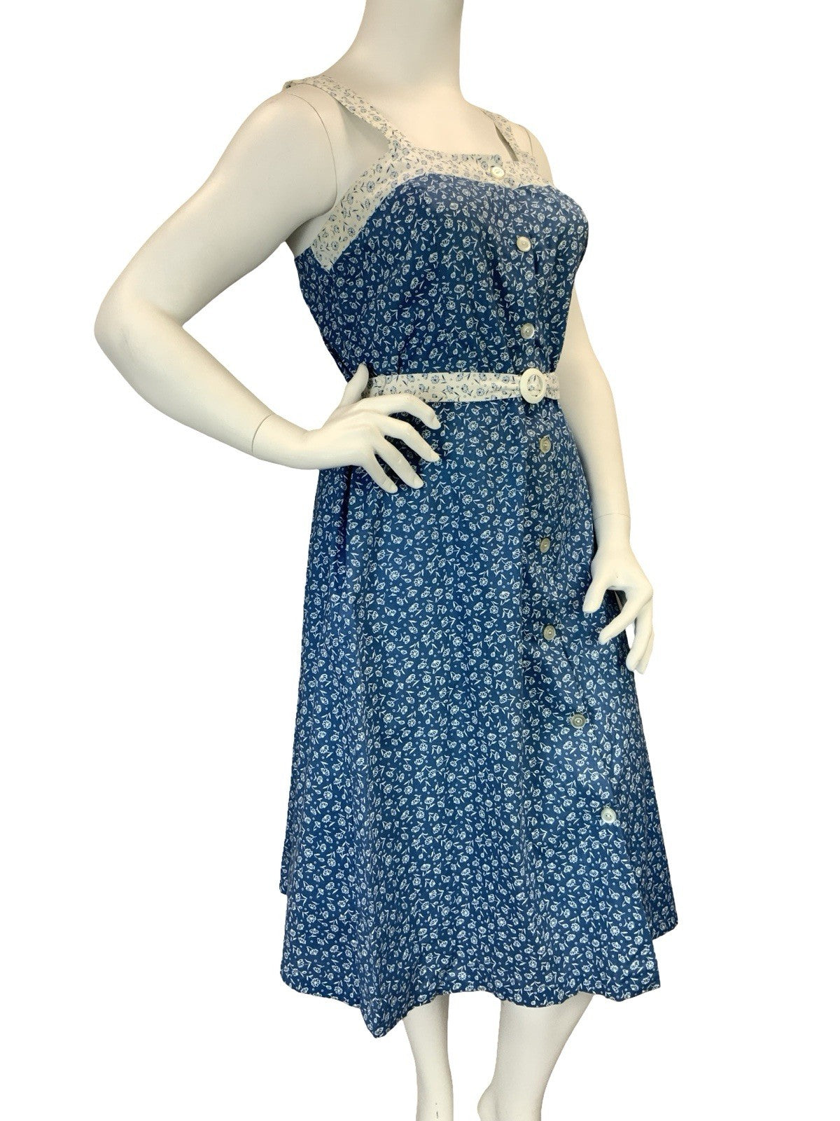 VTG 60S 70S BLUE WHITE DAINTY FLORAL COTTAGE BELTED STRAPPY SUN DRESS 14