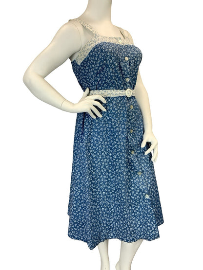 VTG 60S 70S BLUE WHITE DAINTY FLORAL COTTAGE BELTED STRAPPY SUN DRESS 14