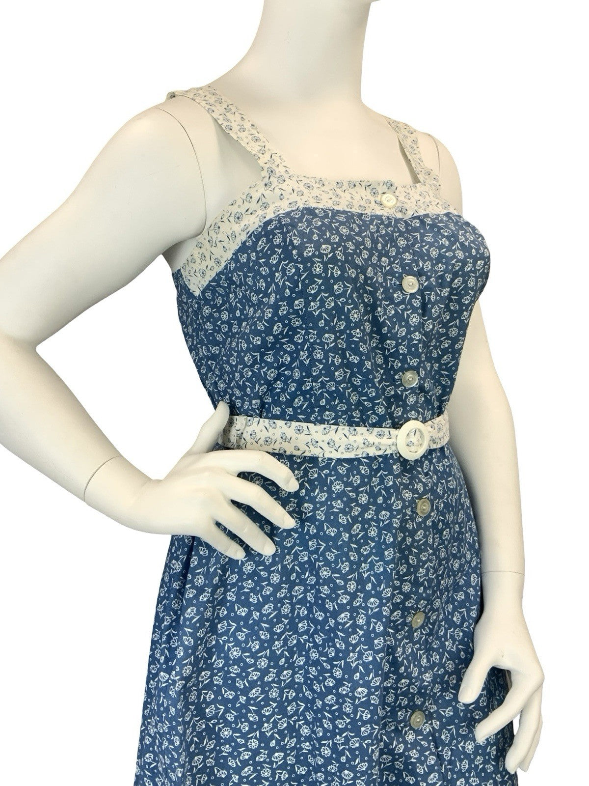 VTG 60S 70S BLUE WHITE DAINTY FLORAL COTTAGE BELTED STRAPPY SUN DRESS 14