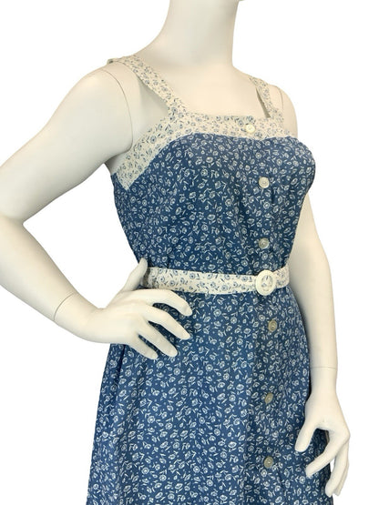 VTG 60S 70S BLUE WHITE DAINTY FLORAL COTTAGE BELTED STRAPPY SUN DRESS 14