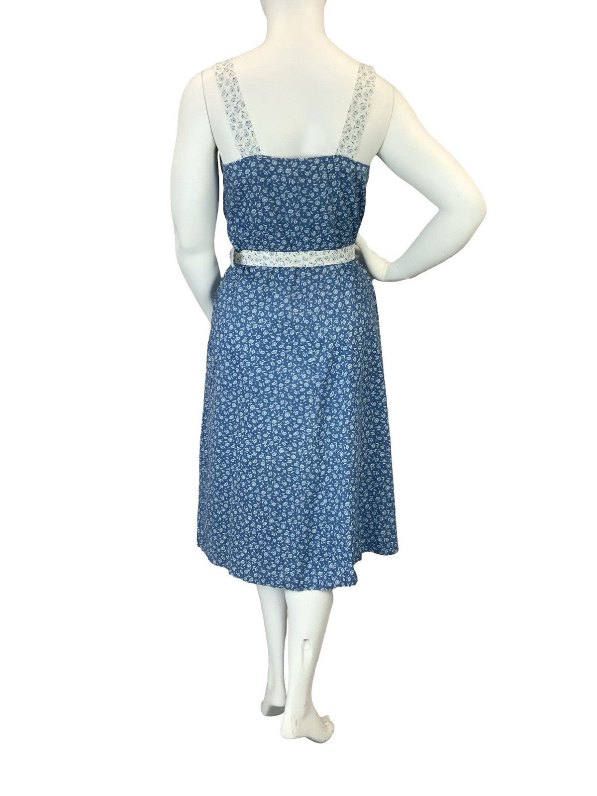 VTG 60S 70S BLUE WHITE DAINTY FLORAL COTTAGE BELTED STRAPPY SUN DRESS 14