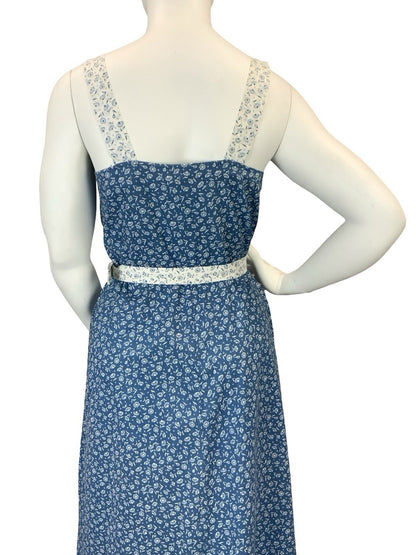 VTG 60S 70S BLUE WHITE DAINTY FLORAL COTTAGE BELTED STRAPPY SUN DRESS 14
