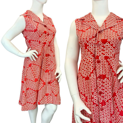 VTG 60S 70S RED WHITE SQUARE GEOMETRIC NOTCH LAPEL MOD SHIRT CIRCLE DRESS 16