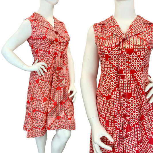 VTG 60S 70S RED WHITE SQUARE GEOMETRIC NOTCH LAPEL MOD SHIRT CIRCLE DRESS 16
