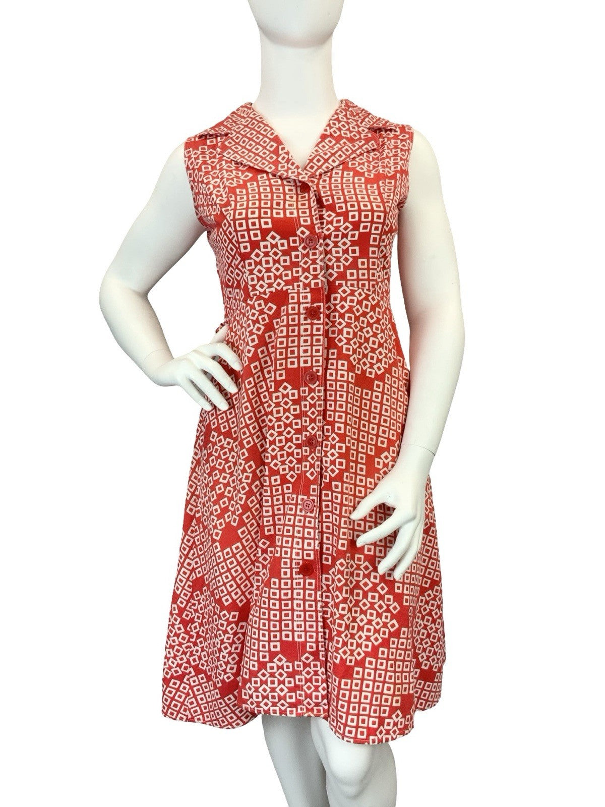 VTG 60S 70S RED WHITE SQUARE GEOMETRIC NOTCH LAPEL MOD SHIRT CIRCLE DRESS 16