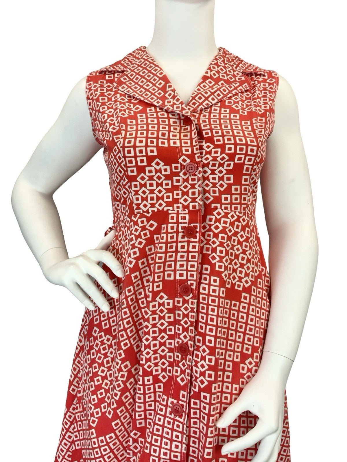 VTG 60S 70S RED WHITE SQUARE GEOMETRIC NOTCH LAPEL MOD SHIRT CIRCLE DRESS 16