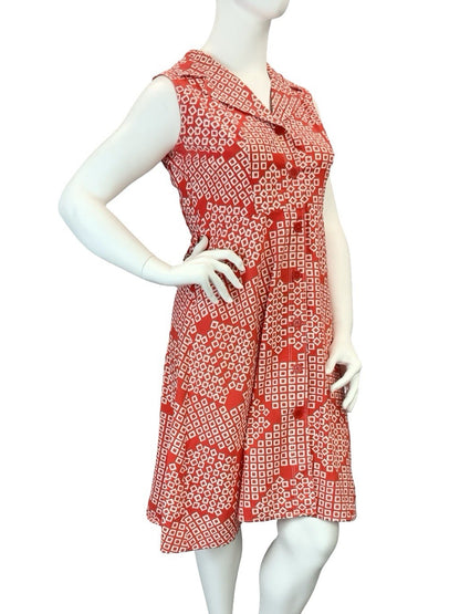 VTG 60S 70S RED WHITE SQUARE GEOMETRIC NOTCH LAPEL MOD SHIRT CIRCLE DRESS 16