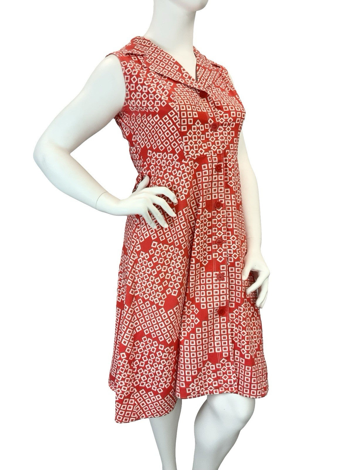 VTG 60S 70S RED WHITE SQUARE GEOMETRIC NOTCH LAPEL MOD SHIRT CIRCLE DRESS 16