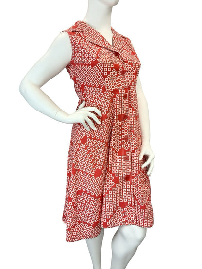 VTG 60S 70S RED WHITE SQUARE GEOMETRIC NOTCH LAPEL MOD SHIRT CIRCLE DRESS 16