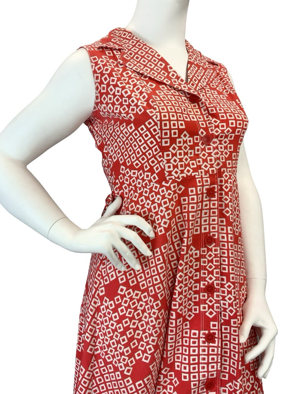 VTG 60S 70S RED WHITE SQUARE GEOMETRIC NOTCH LAPEL MOD SHIRT CIRCLE DRESS 16