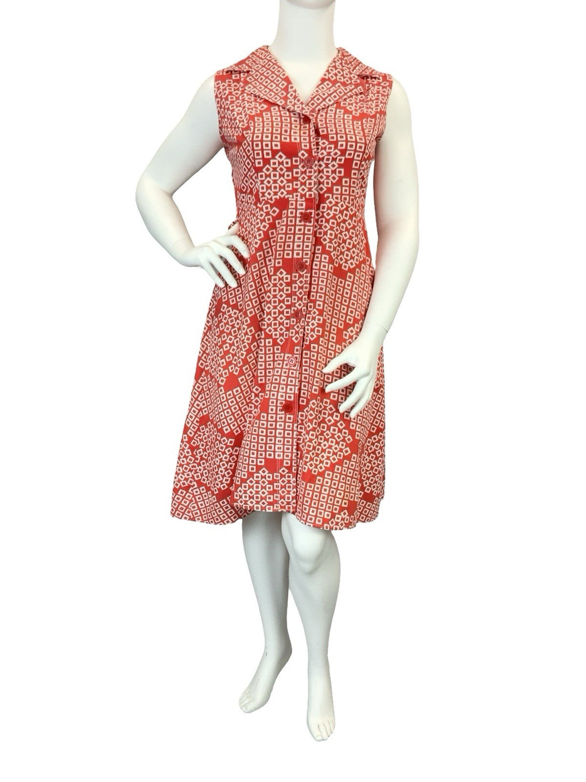 VTG 60S 70S RED WHITE SQUARE GEOMETRIC NOTCH LAPEL MOD SHIRT CIRCLE DRESS 16
