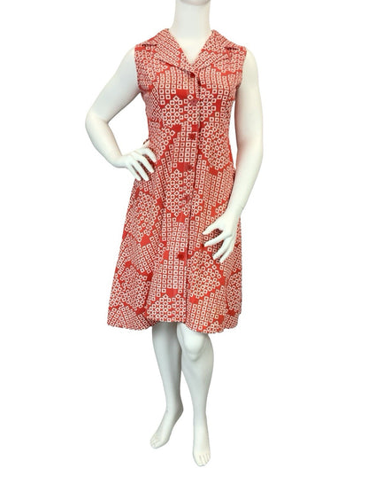 VTG 60S 70S RED WHITE SQUARE GEOMETRIC NOTCH LAPEL MOD SHIRT CIRCLE DRESS 16