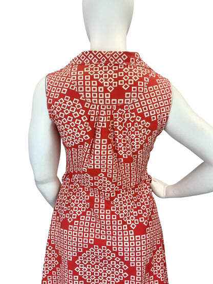 VTG 60S 70S RED WHITE SQUARE GEOMETRIC NOTCH LAPEL MOD SHIRT CIRCLE DRESS 16