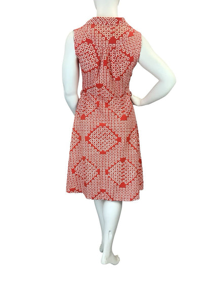 VTG 60S 70S RED WHITE SQUARE GEOMETRIC NOTCH LAPEL MOD SHIRT CIRCLE DRESS 16