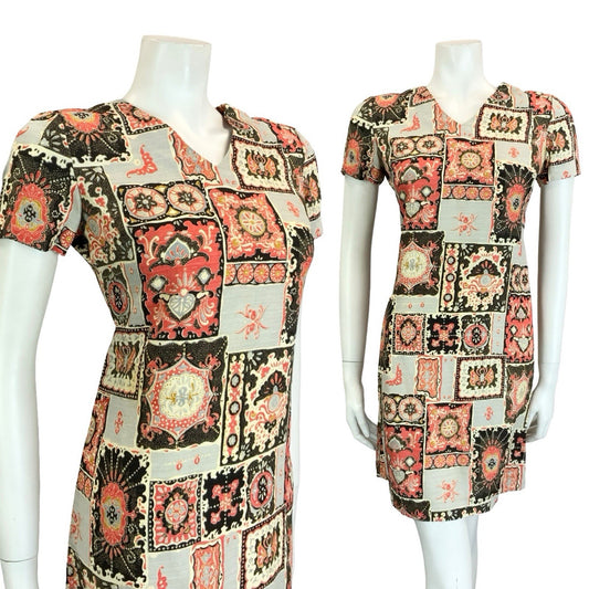 VTG 60S 70S BLACK GREY RED CREAM BAROQUE TILE MOD GEOMETRIC SHIFT V NECK DRESS 8