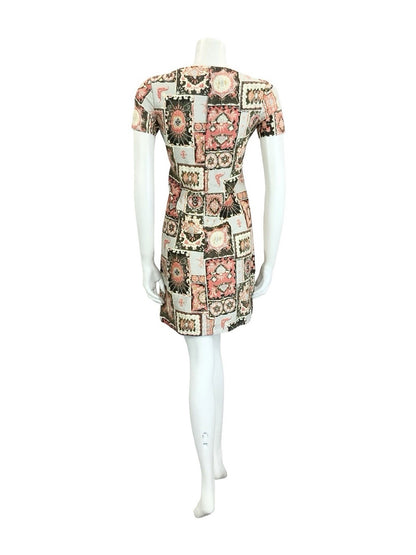 VTG 60S 70S BLACK GREY RED CREAM BAROQUE TILE MOD GEOMETRIC SHIFT V NECK DRESS 8