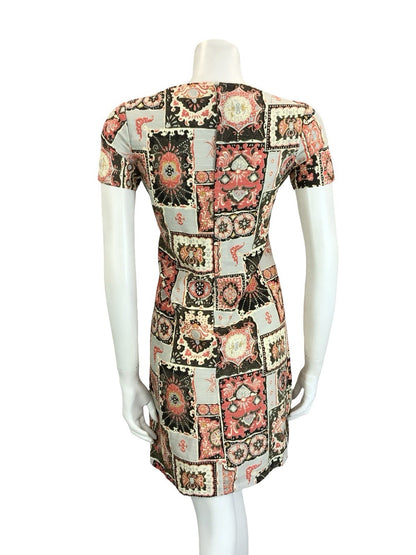 VTG 60S 70S BLACK GREY RED CREAM BAROQUE TILE MOD GEOMETRIC SHIFT V NECK DRESS 8