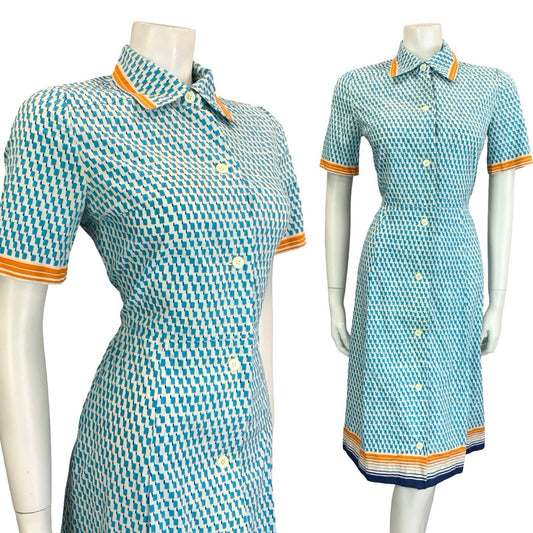 VTG 60S 70S BLUE WHITE ORANGE GEOMETRIC DAGGER BUTTON DOWN SHIRT DRESS 10