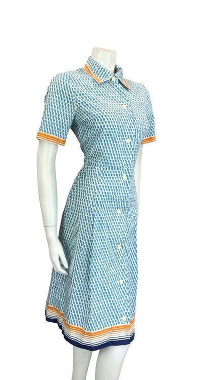 VTG 60S 70S BLUE WHITE ORANGE GEOMETRIC DAGGER BUTTON DOWN SHIRT DRESS 10