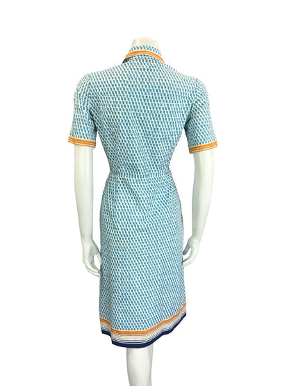 VTG 60S 70S BLUE WHITE ORANGE GEOMETRIC DAGGER BUTTON DOWN SHIRT DRESS 10