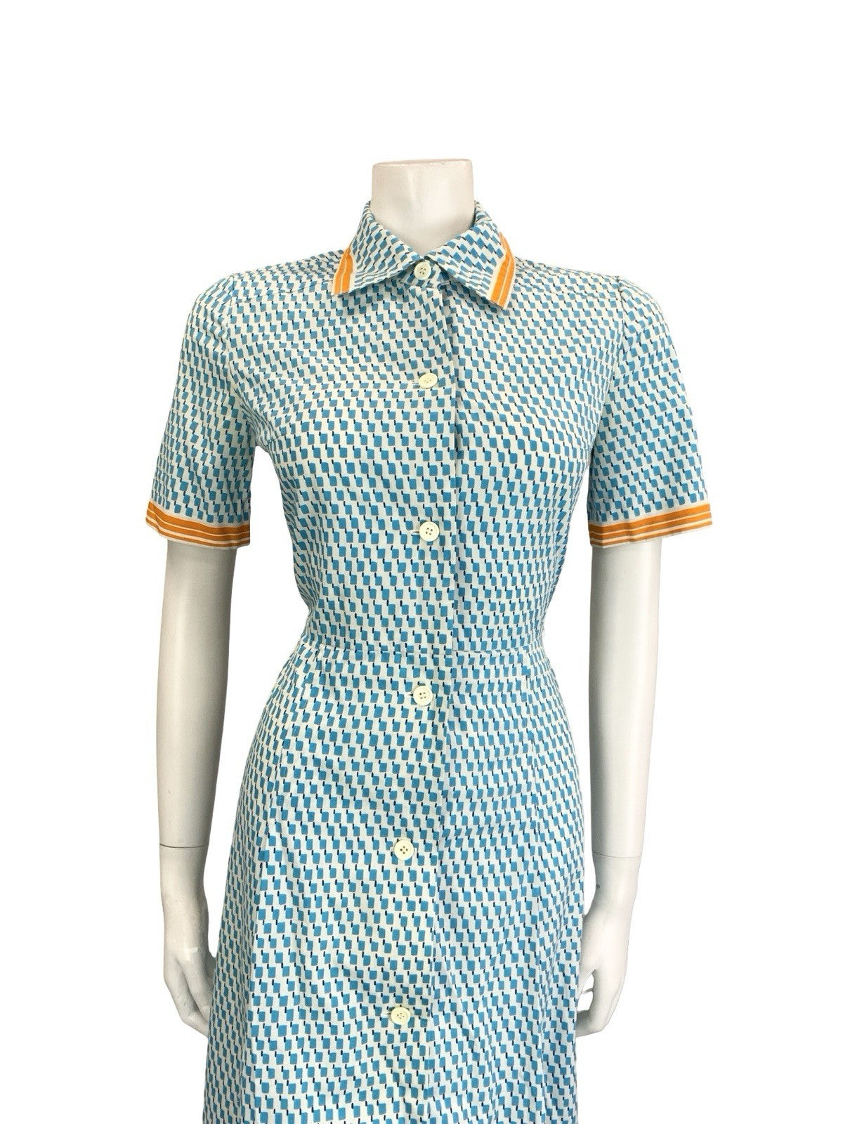 VTG 60S 70S BLUE WHITE ORANGE GEOMETRIC DAGGER BUTTON DOWN SHIRT DRESS 10