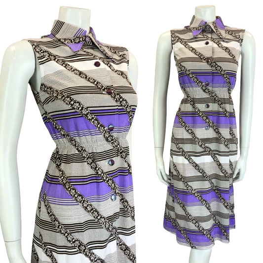 VTG 60S 70S WHITE BLACK PURPLE GEOMETRIC STRIPE DAGGER COLLAR SHIRT DRESS 8