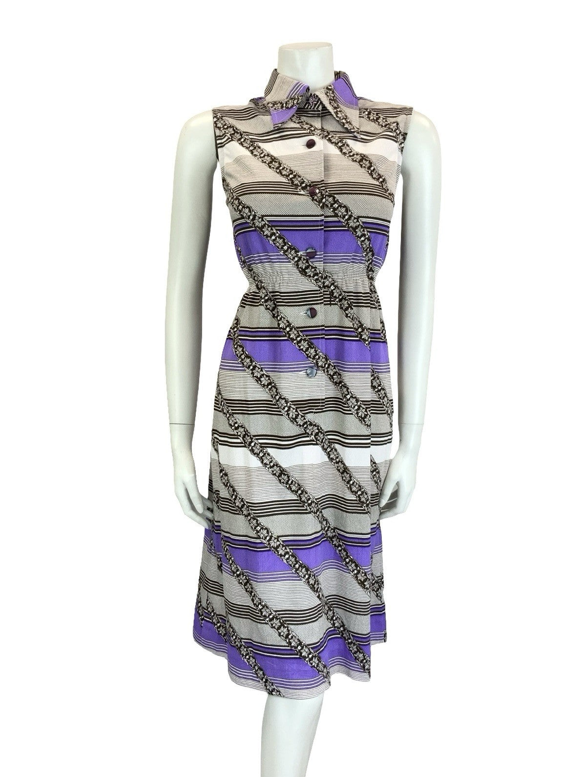 VTG 60S 70S WHITE BLACK PURPLE GEOMETRIC STRIPE DAGGER COLLAR SHIRT DRESS 8