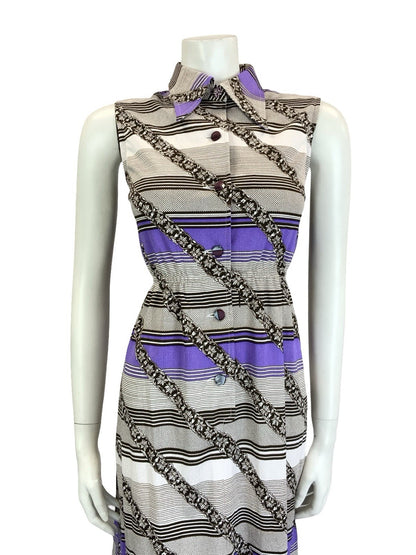 VTG 60S 70S WHITE BLACK PURPLE GEOMETRIC STRIPE DAGGER COLLAR SHIRT DRESS 8