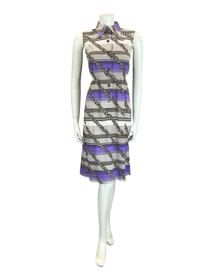VTG 60S 70S WHITE BLACK PURPLE GEOMETRIC STRIPE DAGGER COLLAR SHIRT DRESS 8