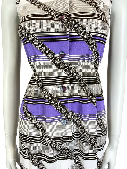 VTG 60S 70S WHITE BLACK PURPLE GEOMETRIC STRIPE DAGGER COLLAR SHIRT DRESS 8