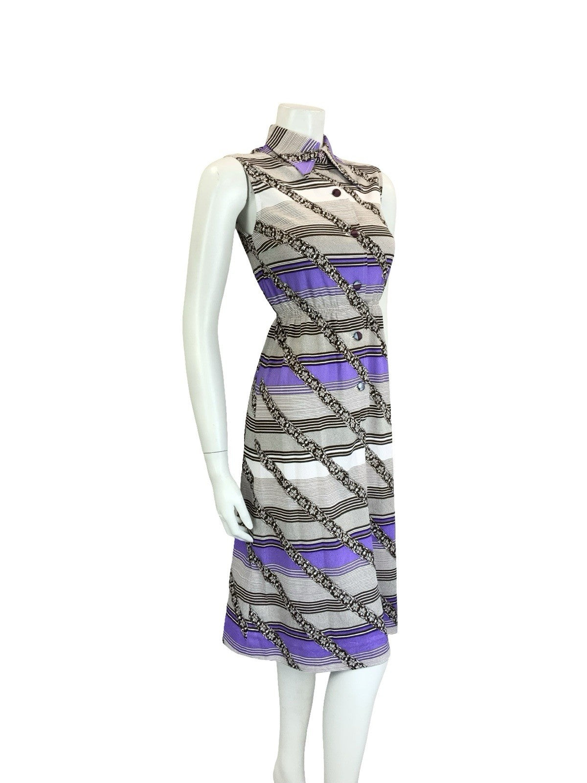 VTG 60S 70S WHITE BLACK PURPLE GEOMETRIC STRIPE DAGGER COLLAR SHIRT DRESS 8