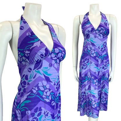 VTG 70S PURPLE TEAL ZIG ZAG GEOMETRIC FLORAL HALTER NECK MIDI DRESS 10 12