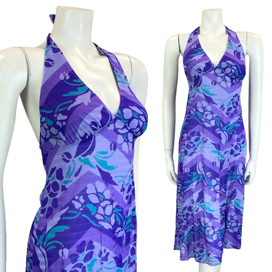 VTG 70S PURPLE TEAL ZIG ZAG GEOMETRIC FLORAL HALTER NECK MIDI DRESS 10 12