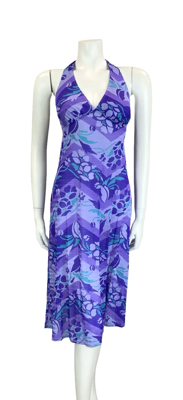 VTG 70S PURPLE TEAL ZIG ZAG GEOMETRIC FLORAL HALTER NECK MIDI DRESS 10 12