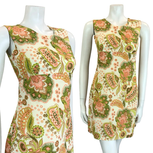 VTG 60S MOD CREAM PINK GREEN BROWN PSYCHEDELIC FLORAL EMPIRE MINI DRESS 8