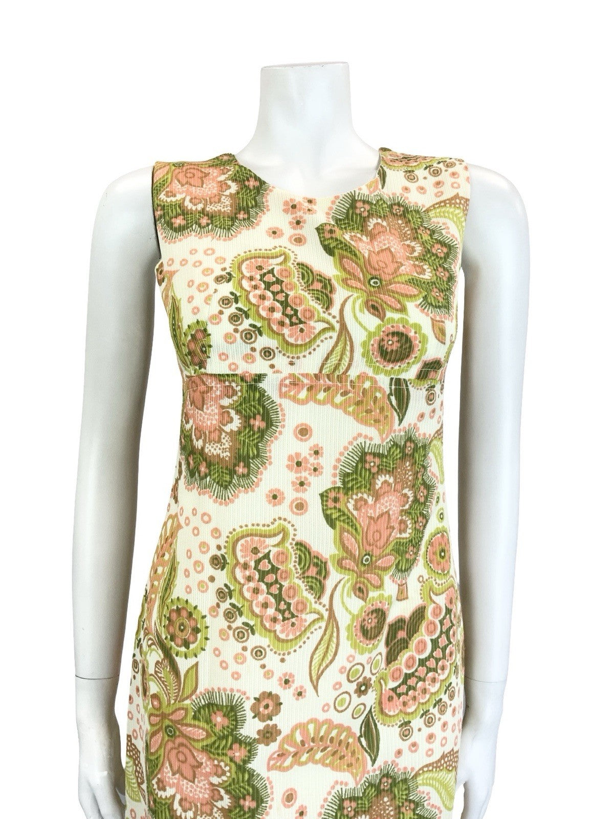 VTG 60S MOD CREAM PINK GREEN BROWN PSYCHEDELIC FLORAL EMPIRE MINI DRESS 8