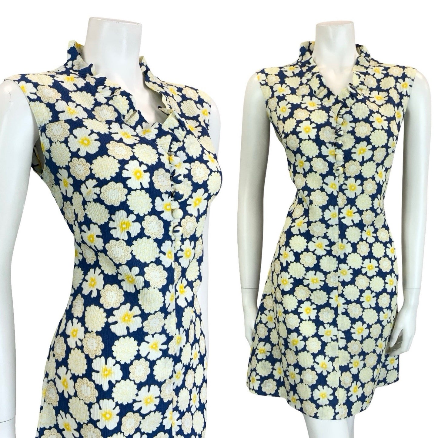 VTG 60S 70S NAVY BLUE WHITE YELLOW RUFFLE V NECK FLORAL MOD SHIFT DRESS 10